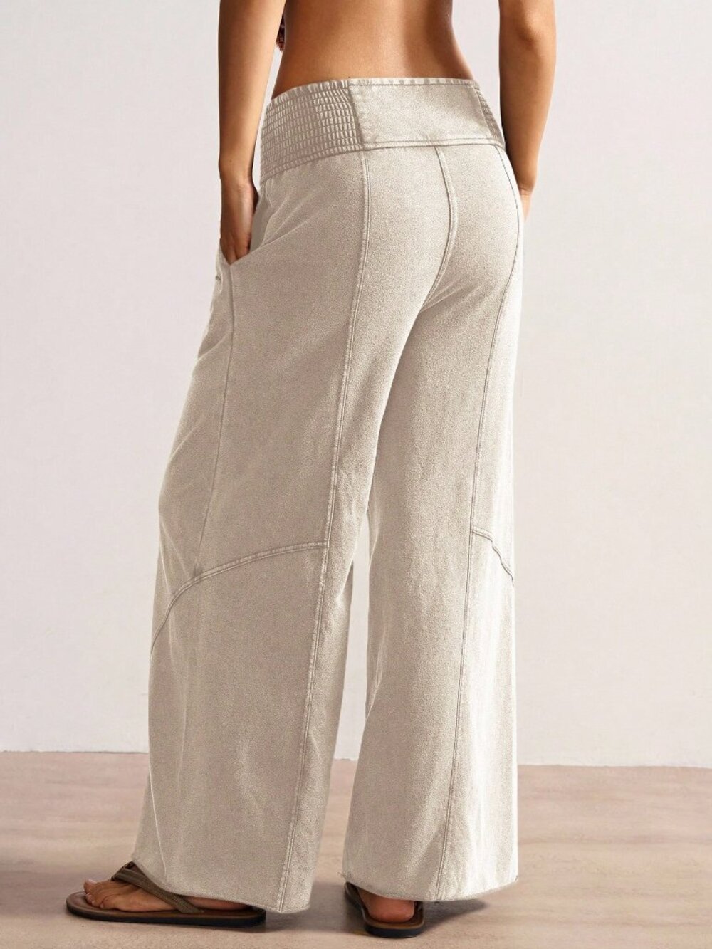 Khaki Casual Women's Knit Loose Wide-Leg Washed Smocked Waist Pants with Pockets - Picture 2 of 7